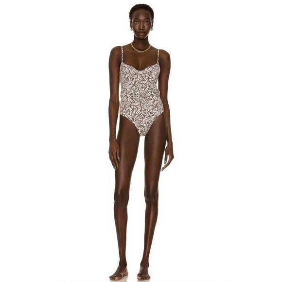 SIMKHAI Noa Swimsuit Palm Leaf Coffee Print One Piece - Picture 2 of 5